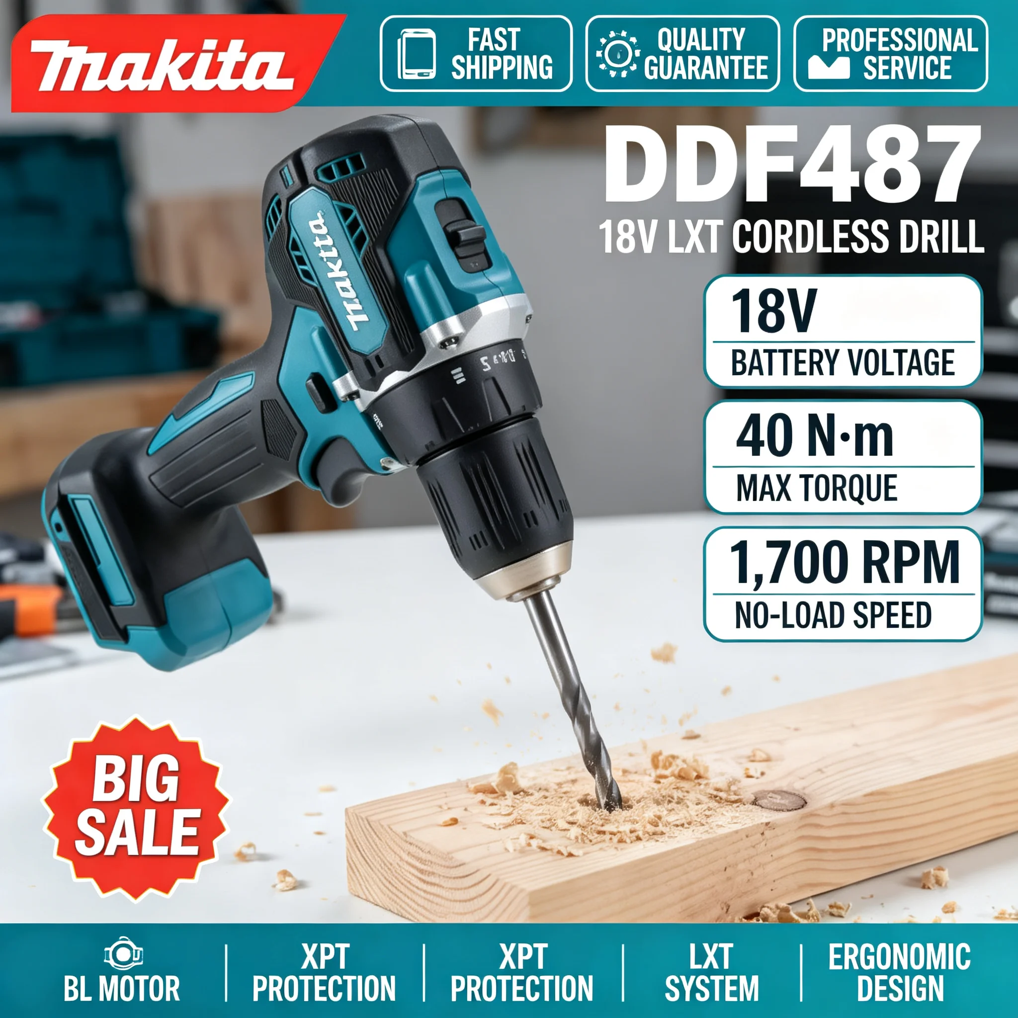 Brushless Cordless Electric Drill 18V - مثقاب ماكيتا DDF487 اللاسلكي بقوة 18