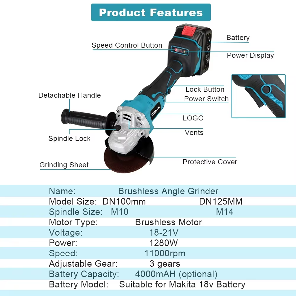 125/100 مللي متر زاوية طاحونة  - مراجعة Brushless Angle Grinder Battery Powered وسعره